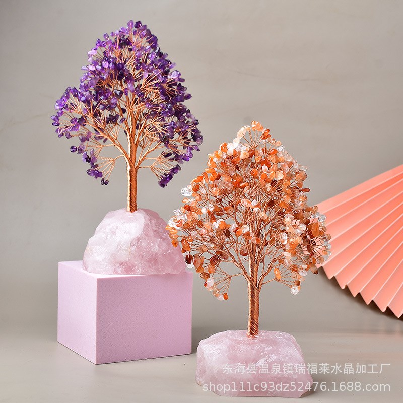 48朵大粉底 天然水晶发财招财树碎石手工编织办公室摆件风水 铜线