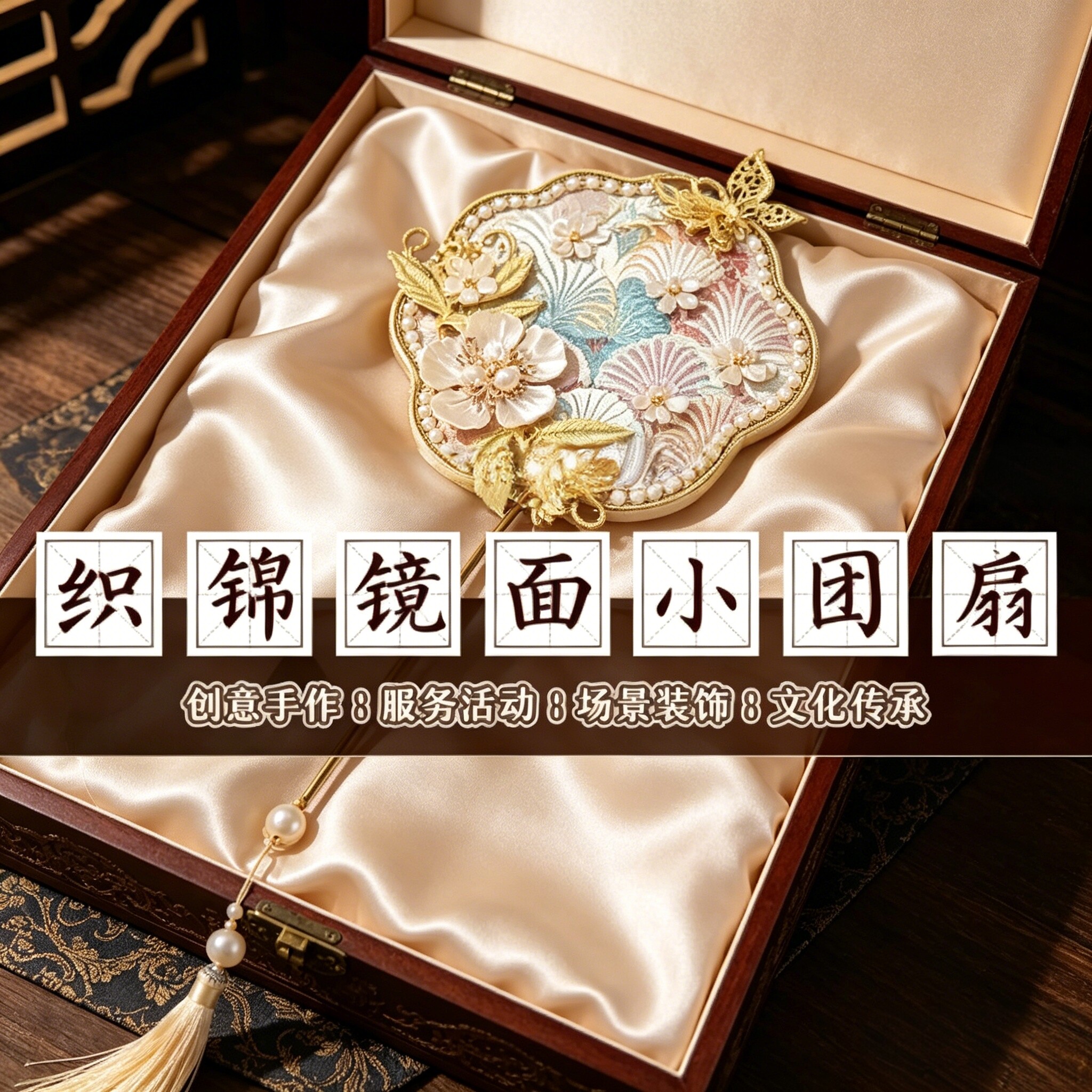 手工宋锦珍珠扇子diy材料包镜面