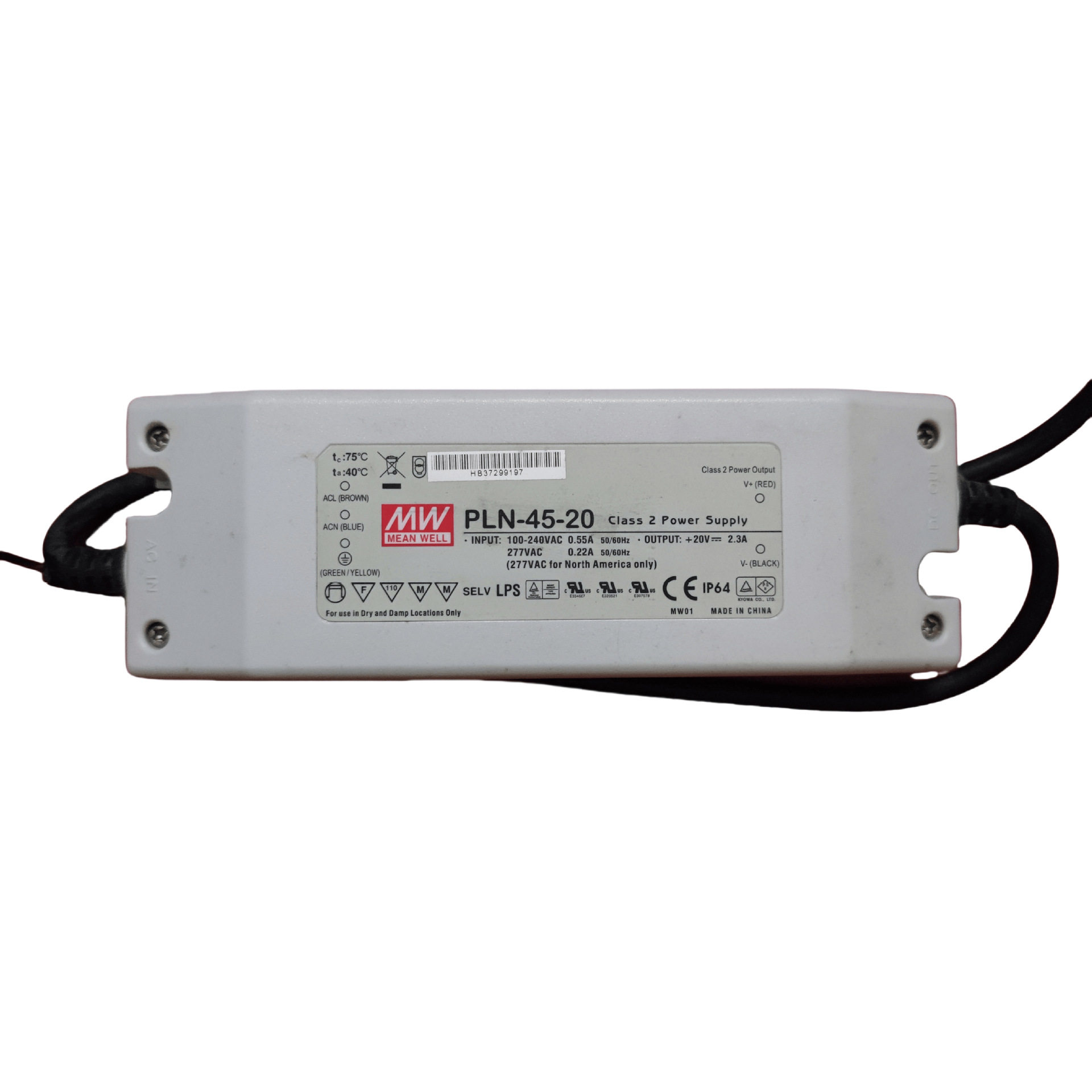 明纬电源 PLN-45-20 45W单组输出LED开关电源ClassII电源