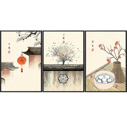 中国风二十四节气装饰画客厅三联画沙发背景挂画新中式家居壁画