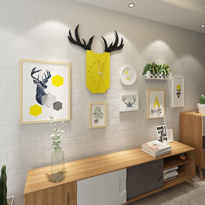 北欧田园风实木装饰画相片墙鹿头表画框组合客厅餐厅墙面壁挂饰品