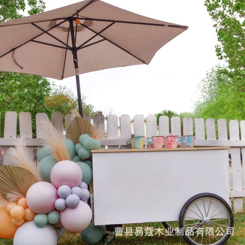 户外流动摊位小吃展示架夜市促销木制推车食品展示三轮车