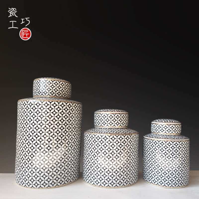 欧式陶瓷储物罐摆件客厅茶几玄关酒柜装饰花瓶糖果罐铜钱纹罐摆设