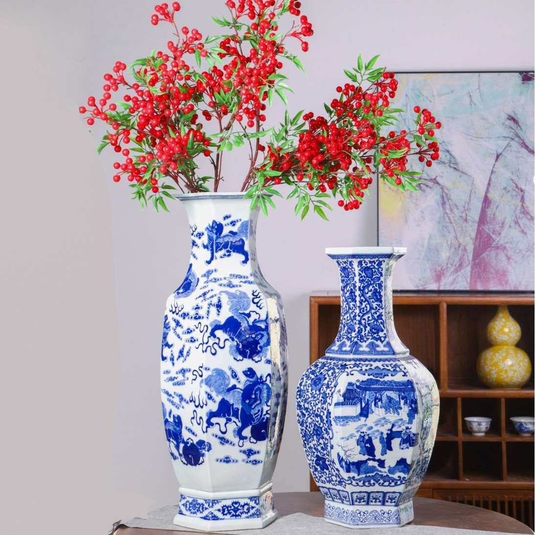 江南山水青花瓷器花瓶景德镇陶瓷茶楼样板间中式家居装饰品摆件