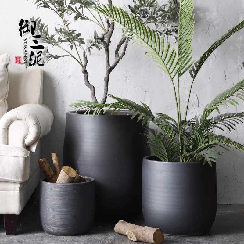 落地大花盆现代简约花瓶室内客厅植物橡皮树黑色大口径陶瓷装饰品
