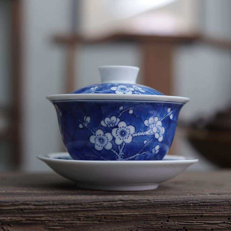 陶瓷手绘三才盖碗青花瓷满绘冰梅茶具三才杯 茶碗泡茶冲泡碗大号