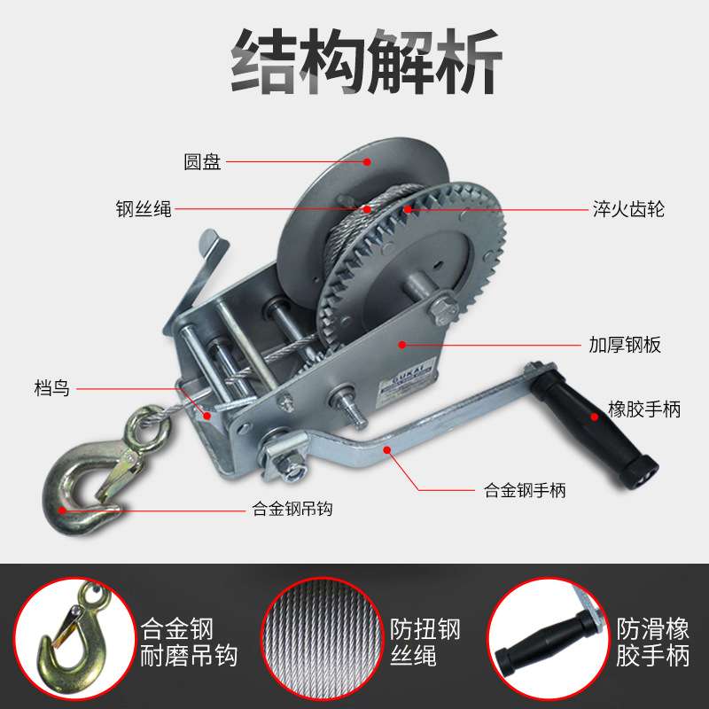 劲友手摇绞盘手动钢丝绳车载便携升降葫芦绞盘轮小吊机手动牵引机