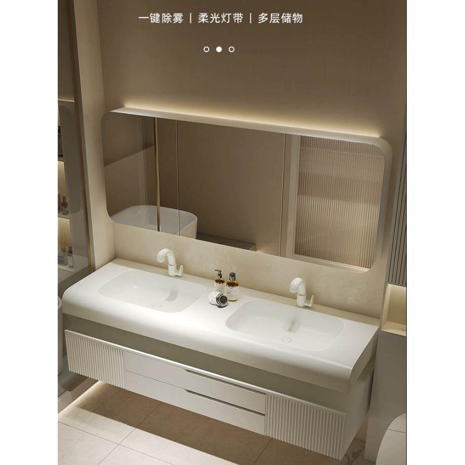 肤感可丽耐一体双盆浴室柜组合橡木洗手脸盆洗漱台镜柜智能镜柜