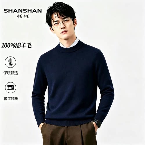 Shanshan杉杉纯绵羊毛秋季半高领针织衫男加厚保暖绒感套头毛衣