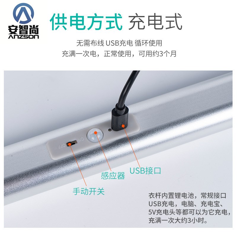 工厂 LED伸缩挂衣杆 智能人体感应衣柜五金配件带灯挂衣杆