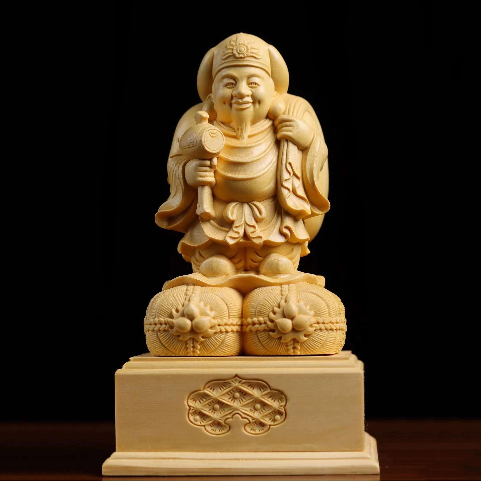 桧木精雕三面大黑天菩萨七福财神摆件 家居玄关佛门护法神装饰品