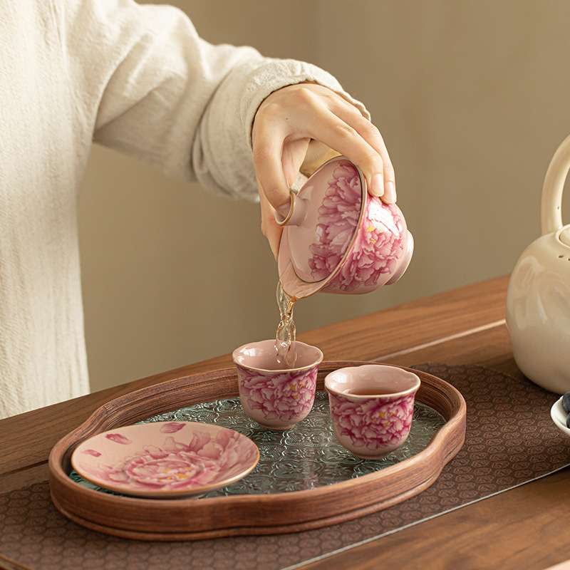 景德镇粉汝牡丹开片盖碗茶杯套装陶瓷茶具三才盖碗品茗杯茶盘全套