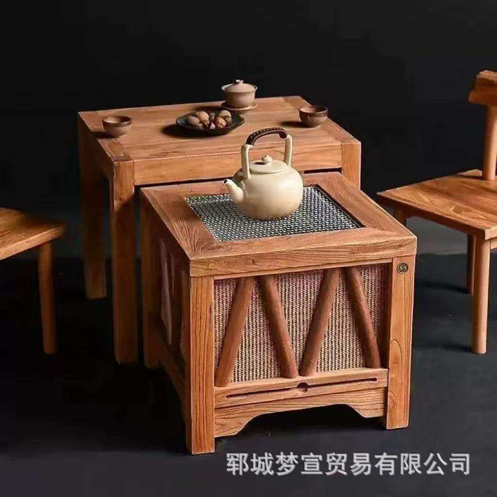 老榆木火锅桌阳台禅意围炉煮茶桌圆形烧烤火锅桌椅餐桌烤火围炉桌