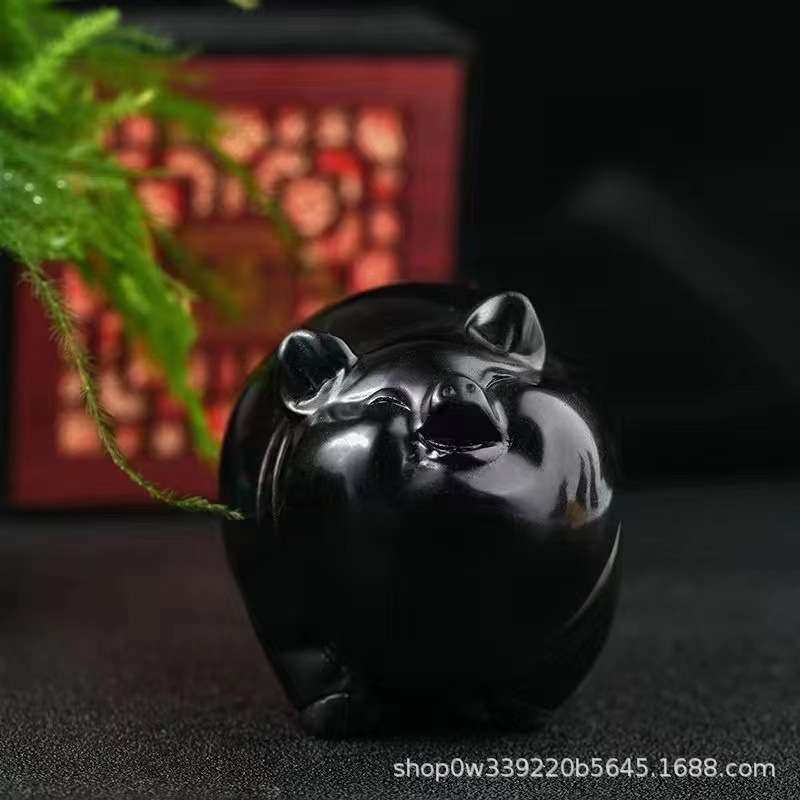 矿宝水晶黑曜石猪摆件黑色生肖小猪工艺品黑耀石黑猪办公室吉祥物