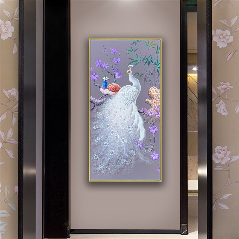 新中式手绘孔雀油画m玄关装饰画客厅挂画美式过道竖版高端入户壁