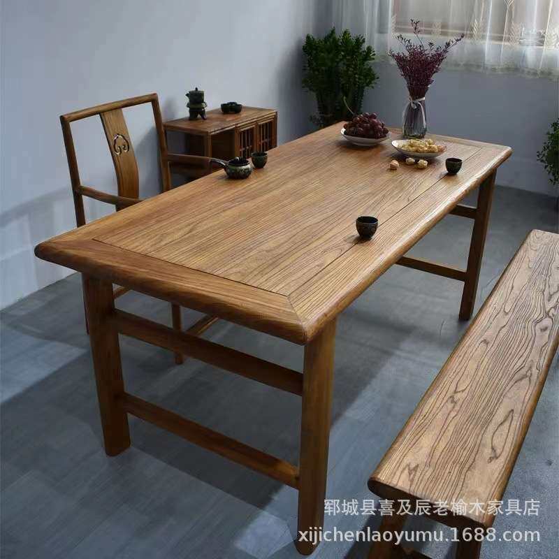 老榆木茶桌实木桌椅组合复古风化老门板餐桌民宿酒店餐桌木长条凳