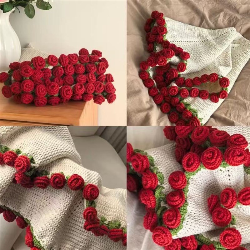 网红玫瑰花毯子毛线花成品手工编织牛奶棉钩织5P2朵小玫瑰花束毯