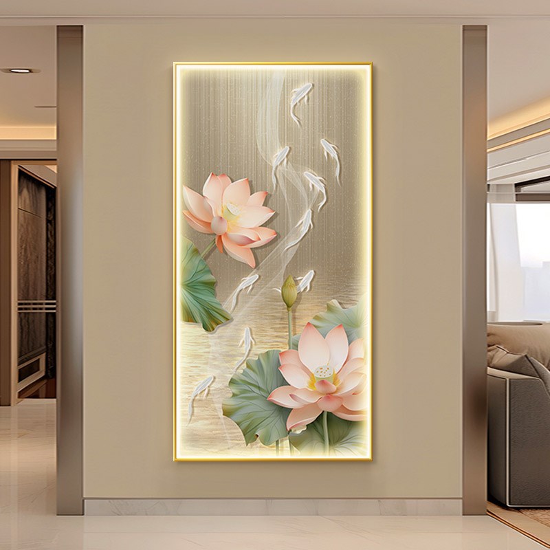 九鱼荷花发光玄关装饰画新中式竖版进H门走廊过道LED灯画壁挂画