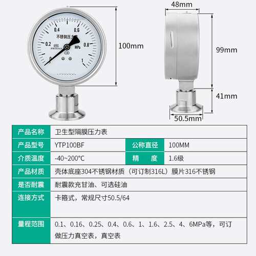卫生型隔膜压力表YTP100BF/MC 不锈钢卡箍快装压力表膜片卡盘50.5
