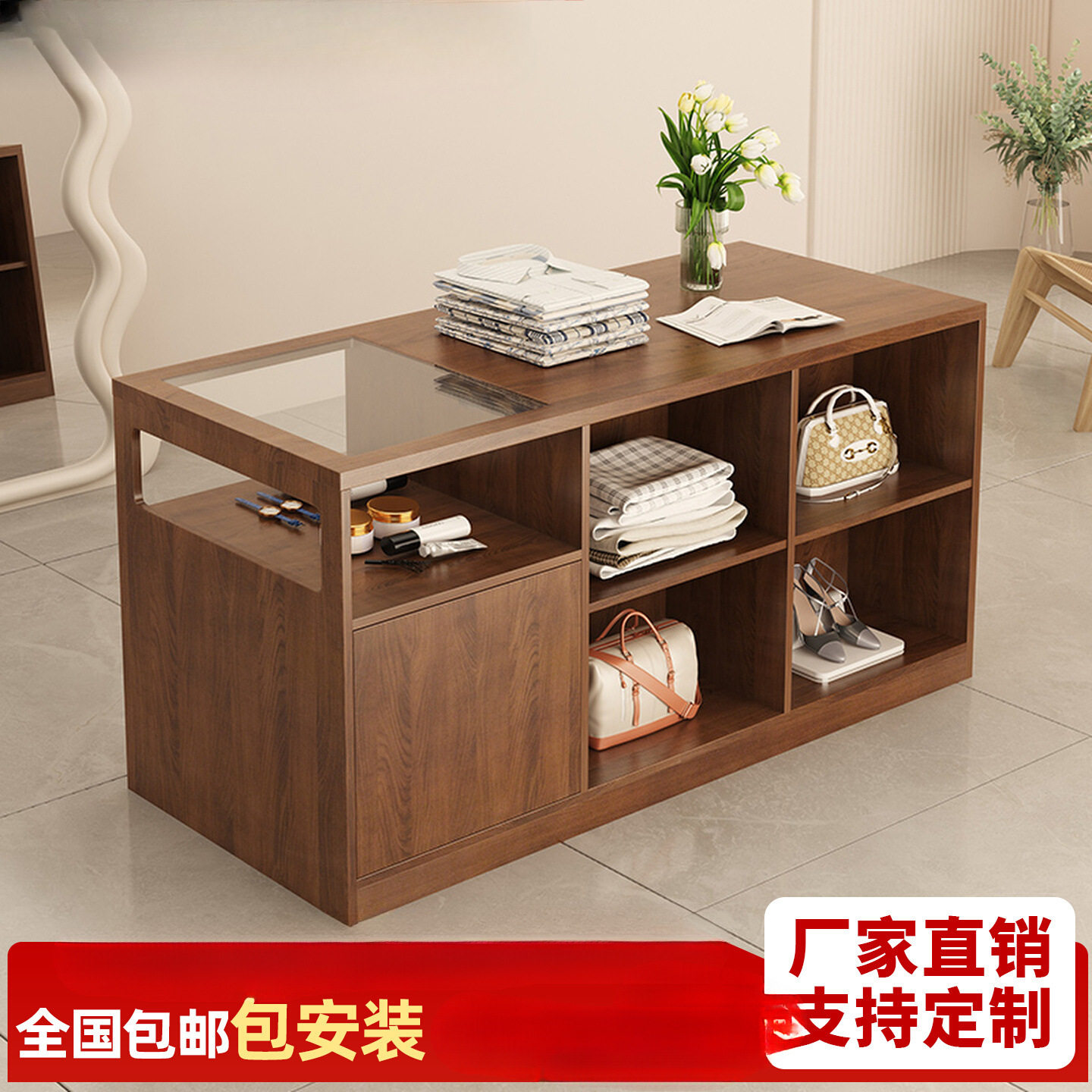 服装店女装店中岛桌流水台店铺陈列摆放桌子储物柜简约收银台柜台