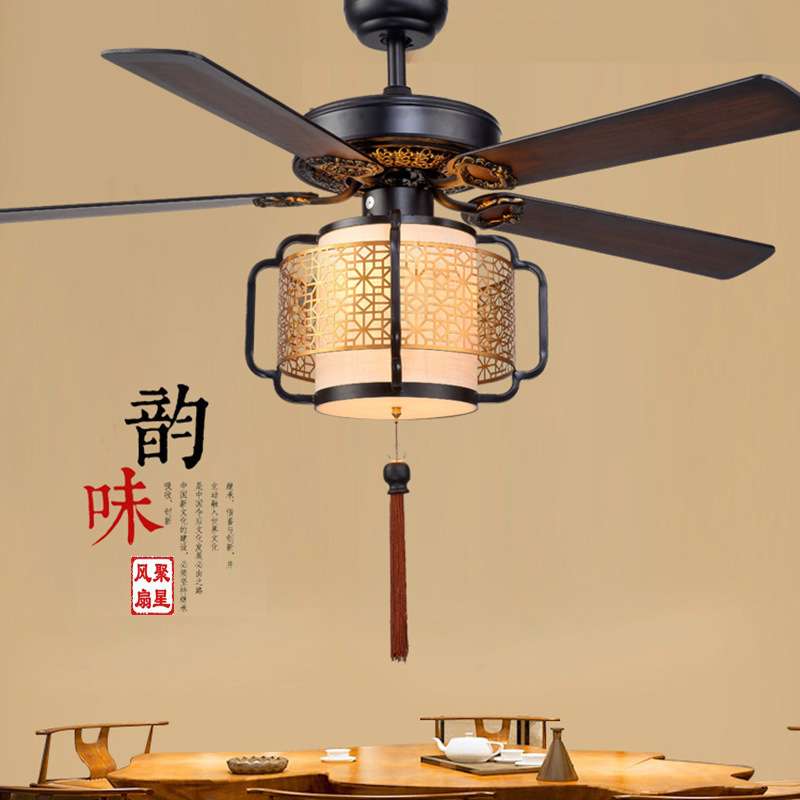 新中式吊扇灯 LED36W变光餐厅风扇灯客厅卧室电风扇灯木叶吊扇