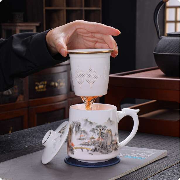 德化羊脂玉白瓷茶杯男士泡茶专用办公杯陶瓷带盖茶水分离杯马克杯