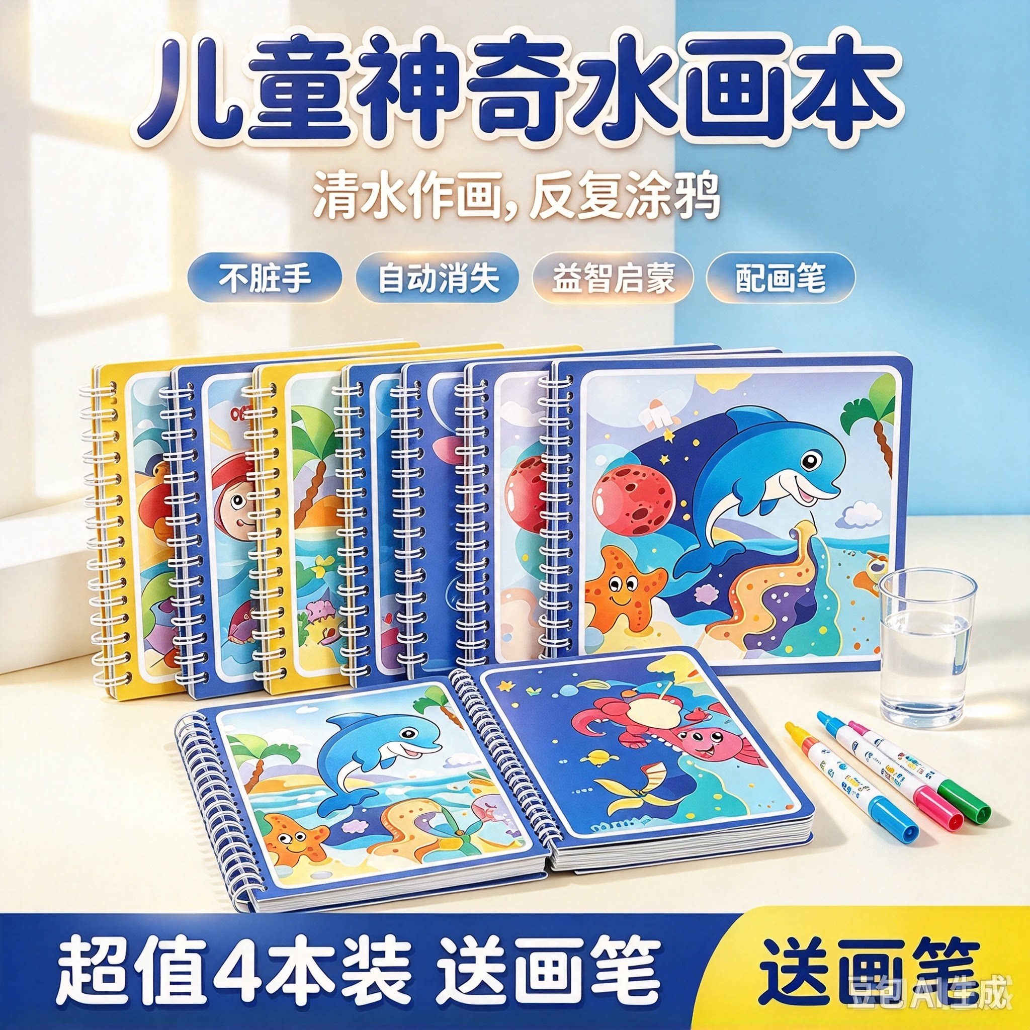 【锻炼思维】儿童画本涂色绘画画套装反复填色水彩画益智水画SH6