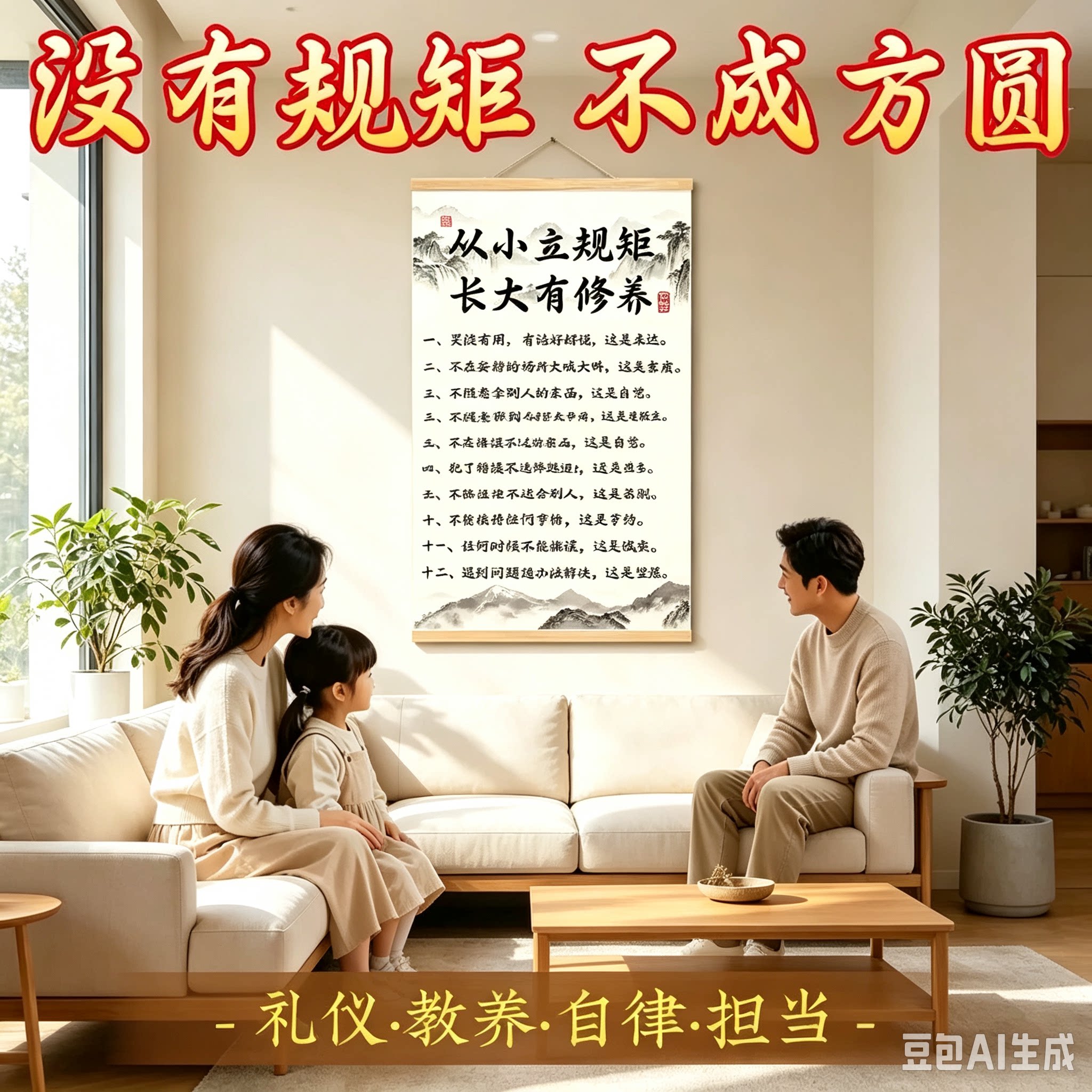 《从小立规矩》挂画新中式育儿卷轴字画玄关客厅书房儿童房装饰wy