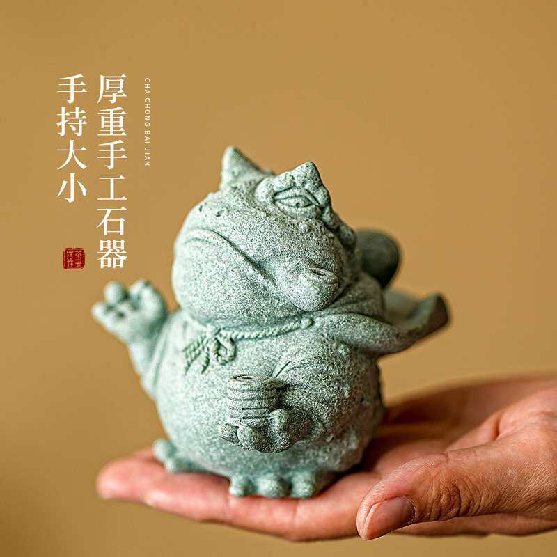 新中式青砂石掐指一算茶宠摆件茶桌桌面装饰品茶道配件茶道可代发