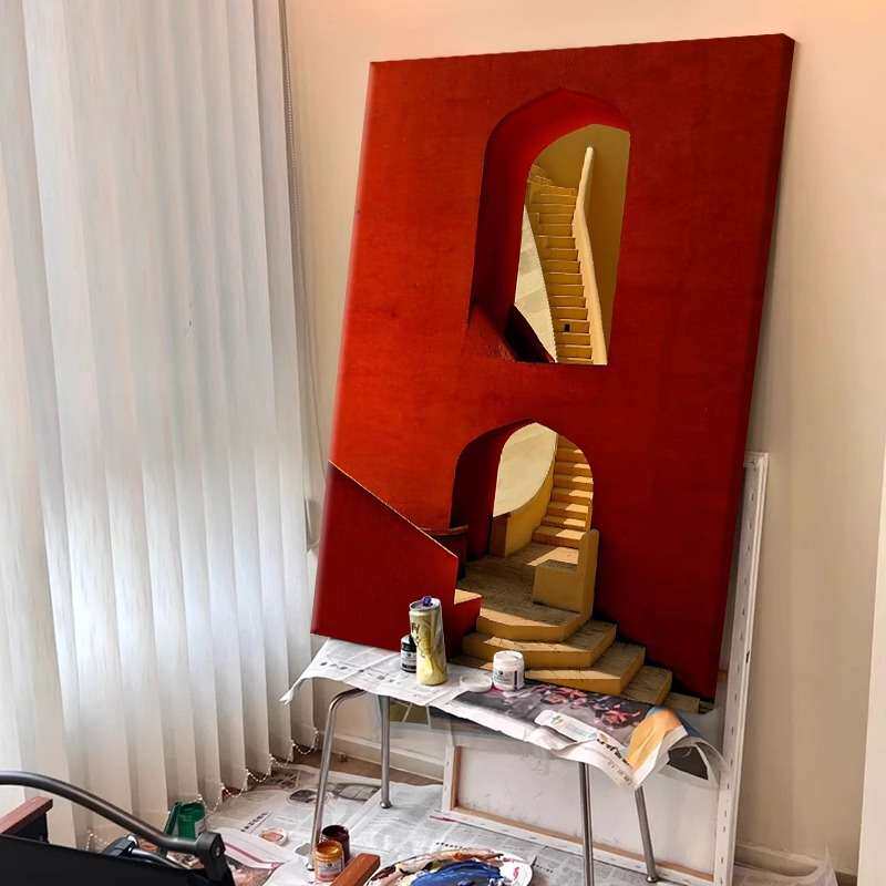 中古风客厅欧式装饰画复古手绘油画红色入户玄关挂画简约沙发壁画
