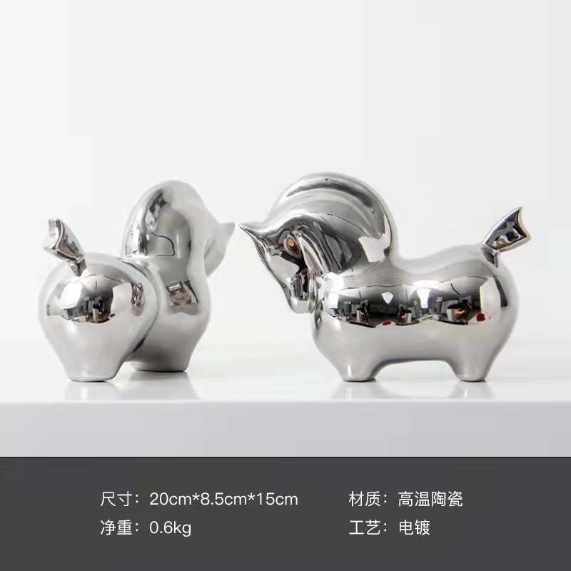 现代轻奢银色唐马摆件陶瓷艺术品茶几餐桌家居客厅创意玄关装饰品