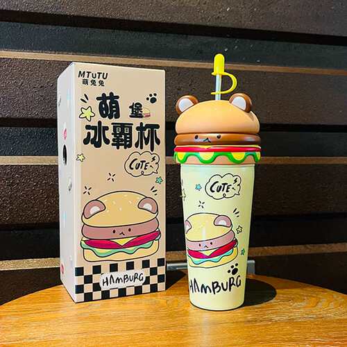 跨境热卖不锈钢304可爱萌萌汉堡保温杯吸管杯大容量635ml冰霸杯