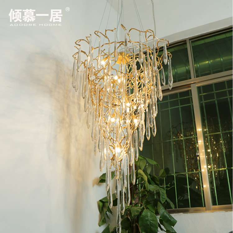 欧式美式创意艺术铜灯设计师全铜树枝灯复式楼梯水滴奢华时尚吊灯