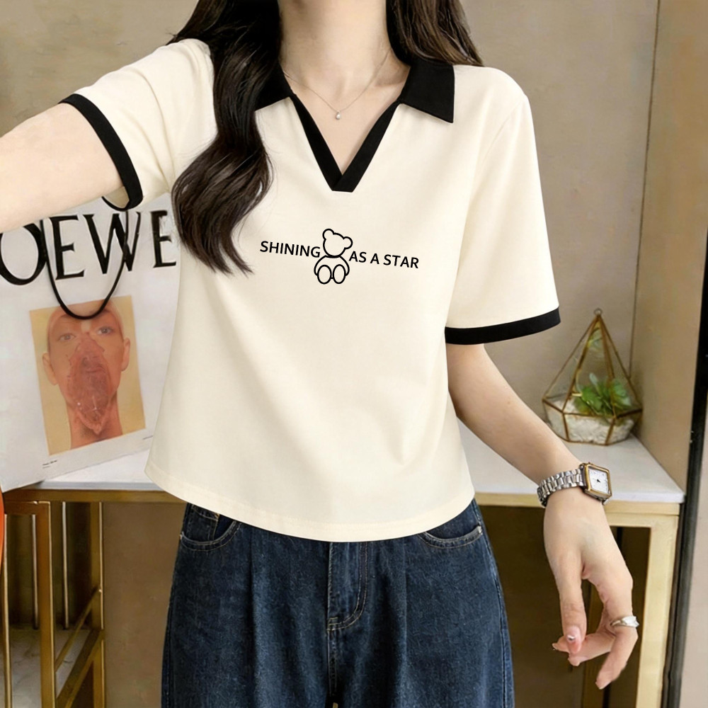 撞色V领纯棉减龄显瘦修身女T恤潮
