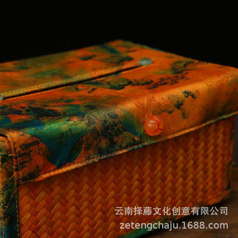 手工竹编纸巾盒缎面印花布艺抽纸盒中式茶艺茶桌摆件桌面收纳盒