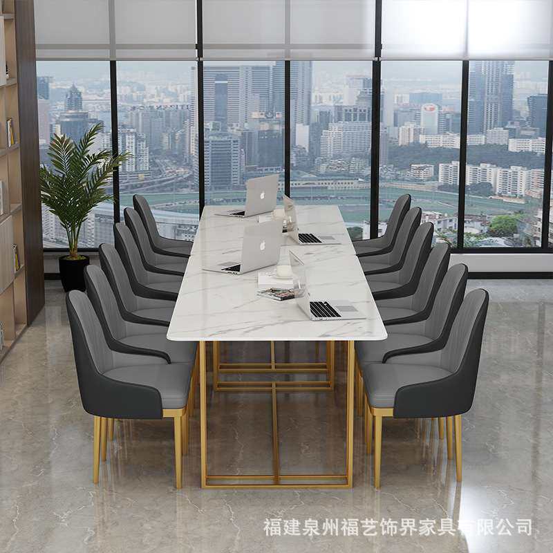 北欧大理石会议桌大小型工作室职员办公桌铁艺长方形洽谈桌椅组合
