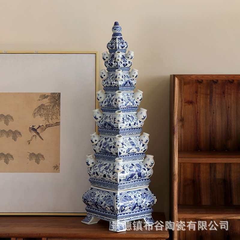 景德镇陶瓷雕塑宝塔青花瓷花器室内落地装饰插花塔中式文昌塔摆件