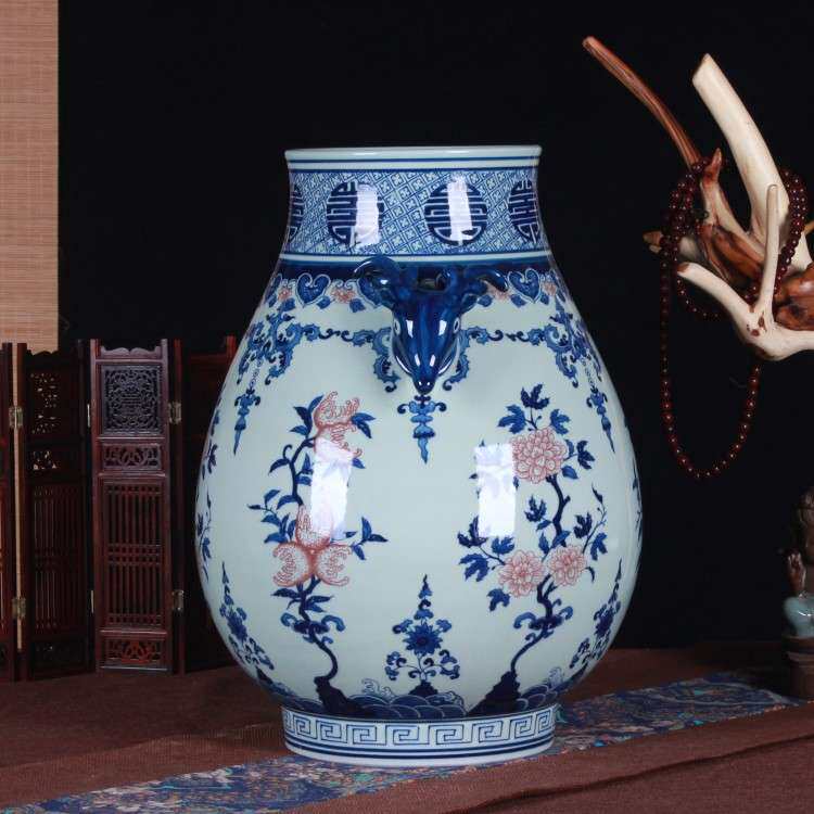 景德镇工艺品摆件中式仿古瓷器 家居摆设古典手绘青花瓷福筒鹿尊