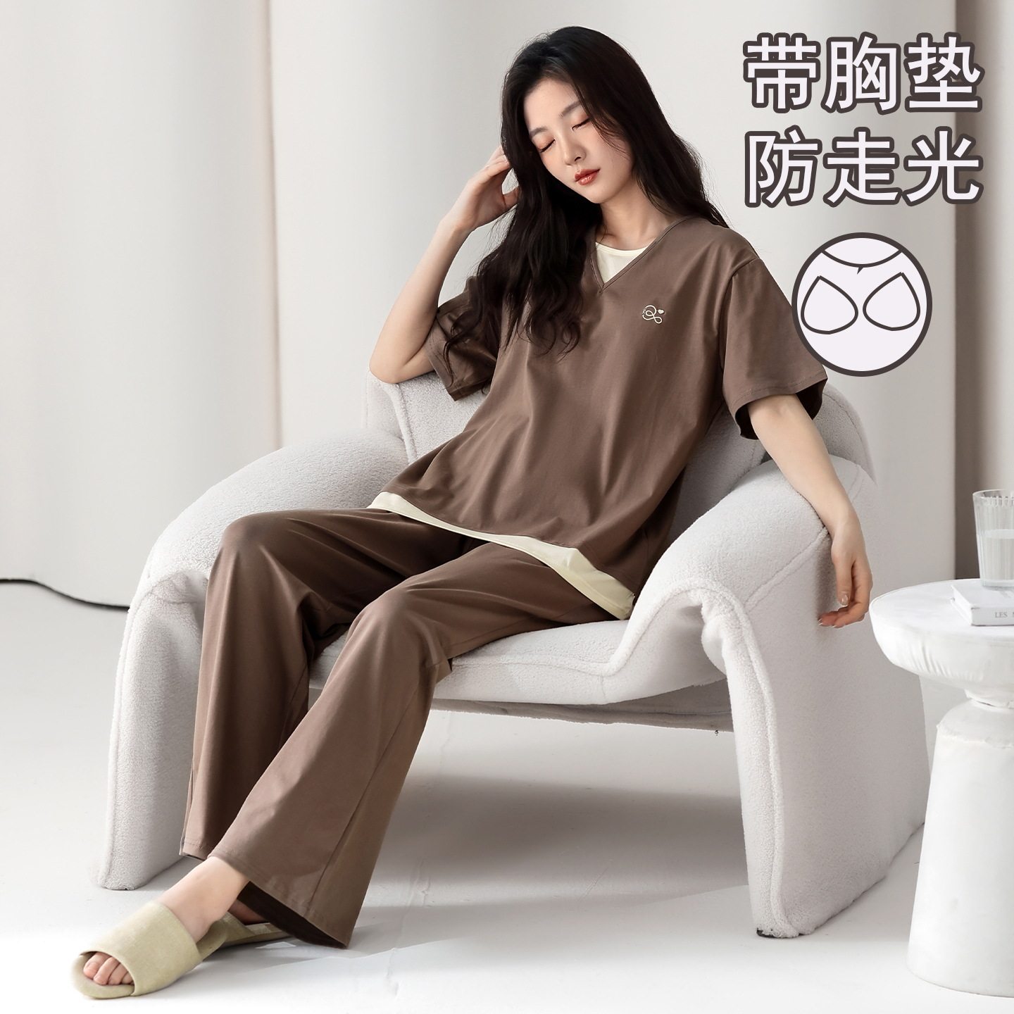 莫代尔棉带胸垫睡衣女士夏季短袖睡袍/浴袍