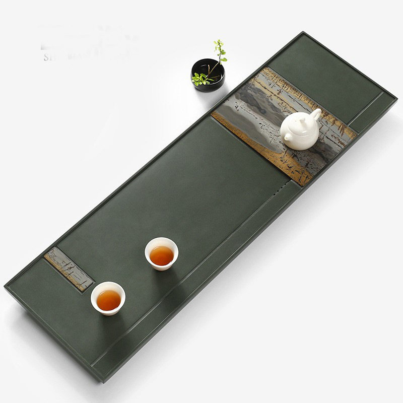 整块天罗绿茶盘家用天然国画石头轻奢茶海简约石材茶台托盘