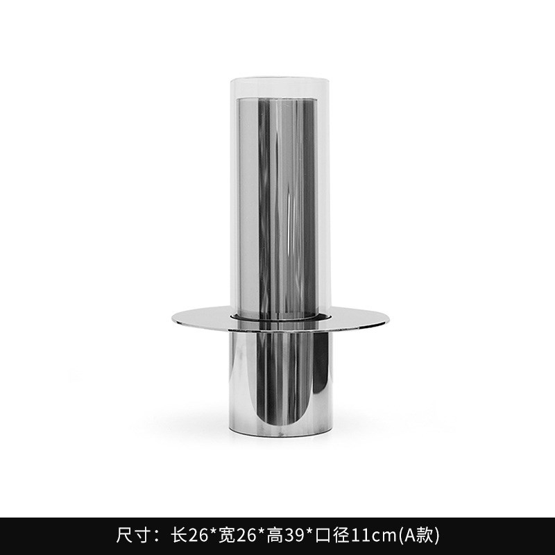 北欧简约现代银色金属玻璃花器花瓶酒店样板房轻奢摆件家居软装