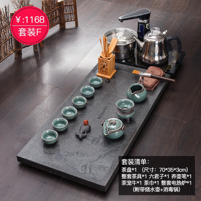 老船木乌金石茶盘家用简约茶具套装火烧石头V大石盘茶台天然