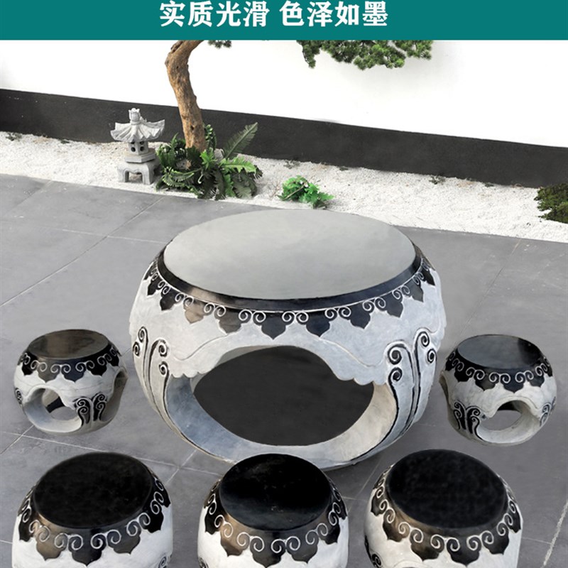 石桌石凳户外庭院花园酒店别墅装饰大理石茶几P天然青石仿古圆桌