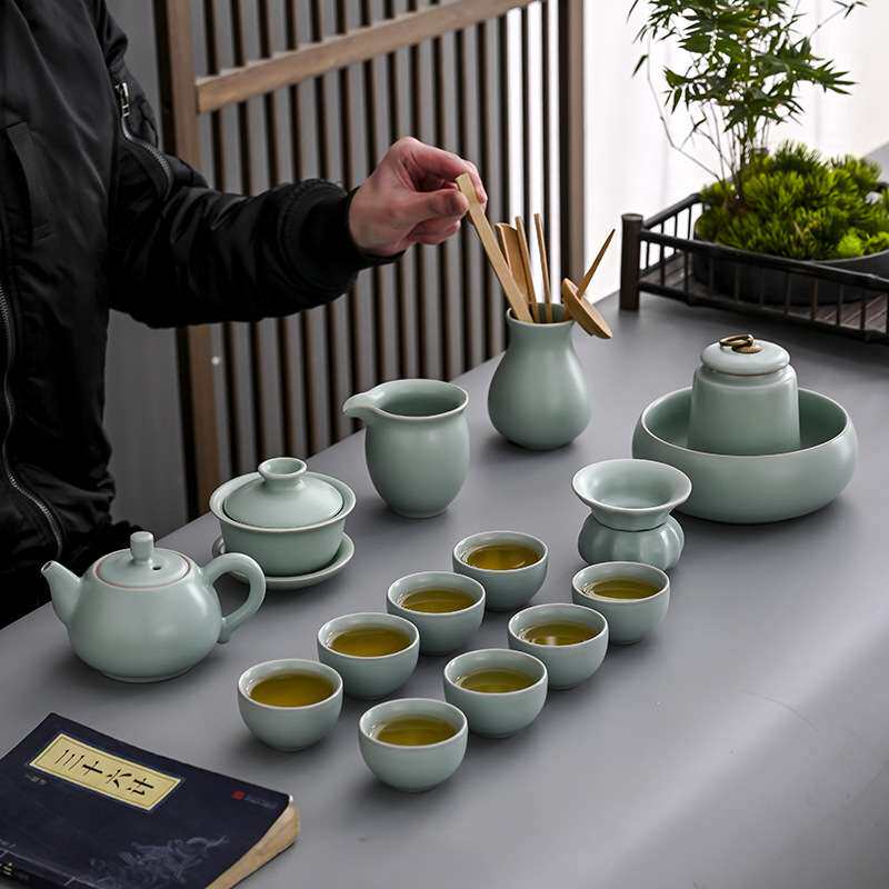 16头汝窑功夫陶瓷茶具套装家用客厅办公室高档泡茶壶茶杯盖碗整套