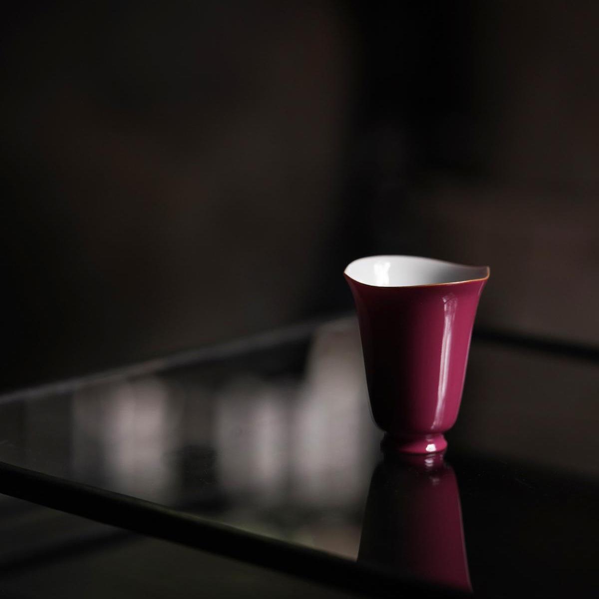 赋山堂胭脂红荷瓣葵口闻香杯陶瓷茶具茶杯主人杯品茗杯