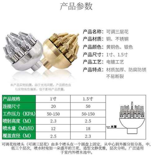全铜304不锈钢可调三层花喷头水景景观喷泉喷头1寸2寸 DN25/40/50