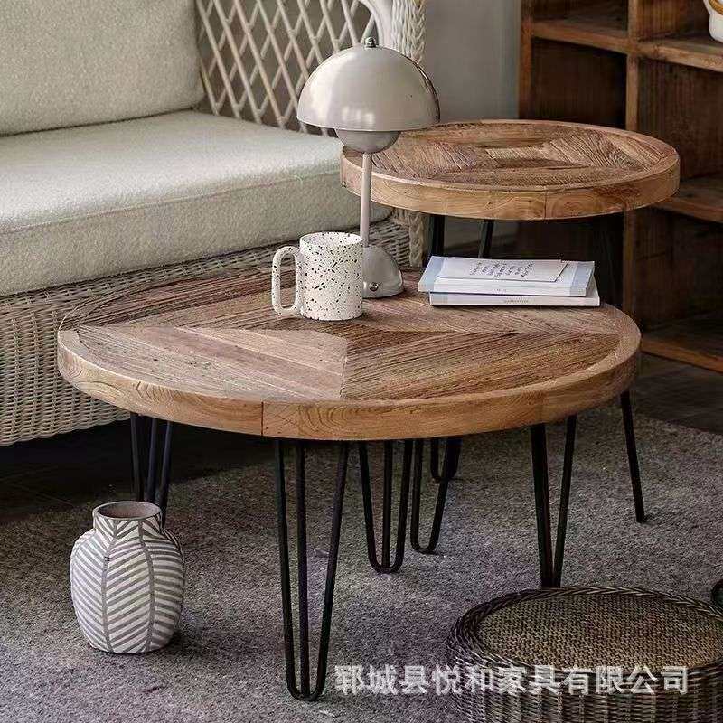 老榆木茶桌小户型客厅装饰小茶几实木沙发边几桌可折叠咖啡店圆桌
