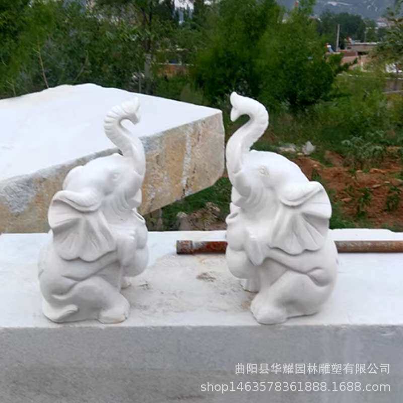 石雕喷水小象汉白玉大象喷泉一对户外园林庭院流水风水石象装饰