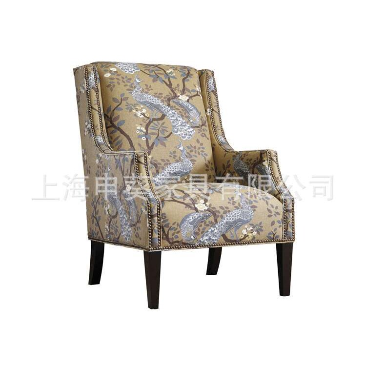 美式单人实木布艺沙发老虎椅欧式客厅绣花布艺接待椅洽谈椅