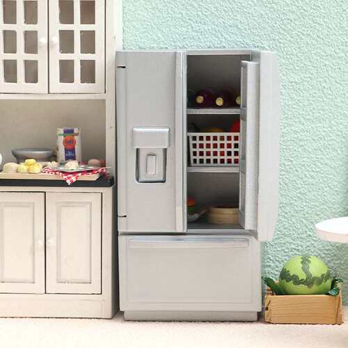 1:12娃娃屋dollhouse迷你家具模型厨房场景白色银灰色双开门冰箱